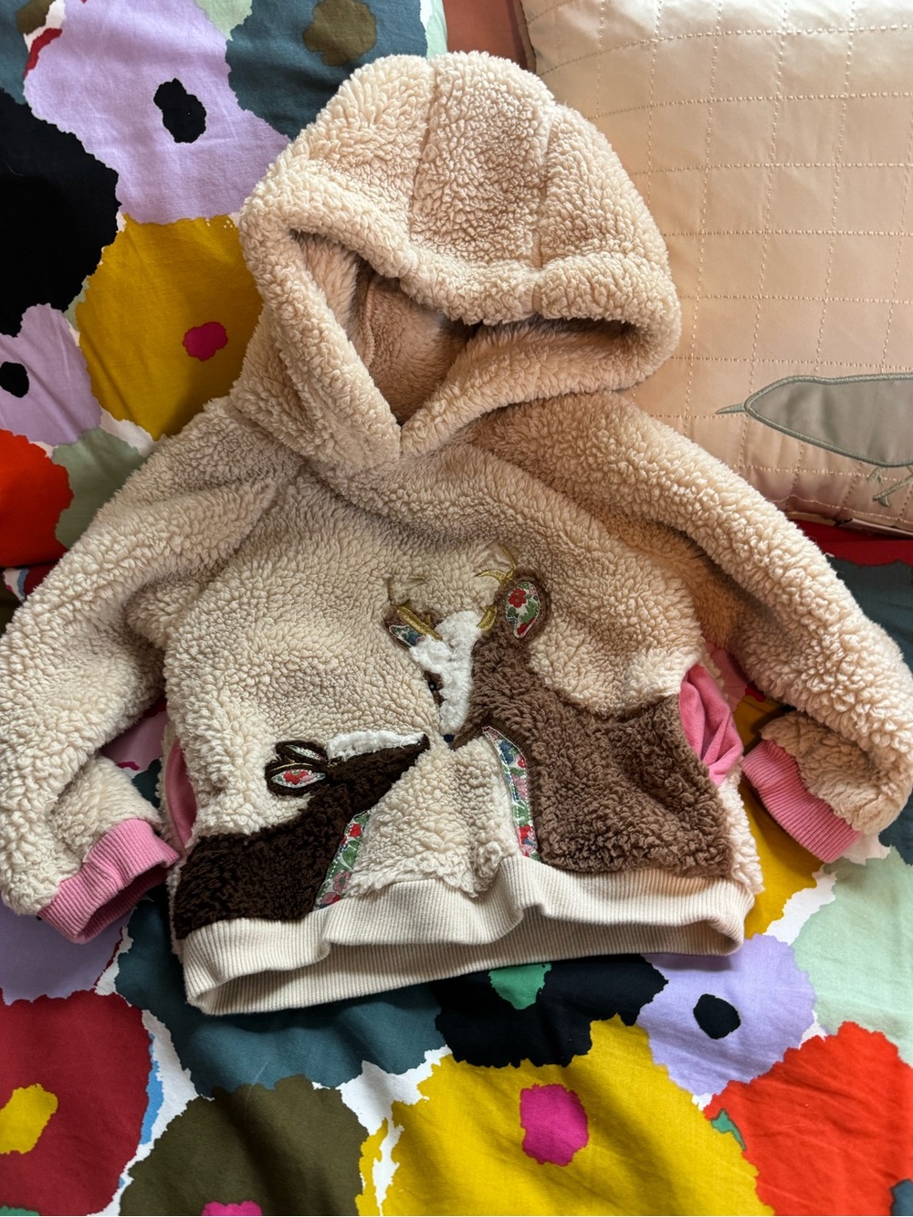 Oh, Deer!!!! Boden sweet sherpa hoodie with mama and baby deer applique, 2-3Y
